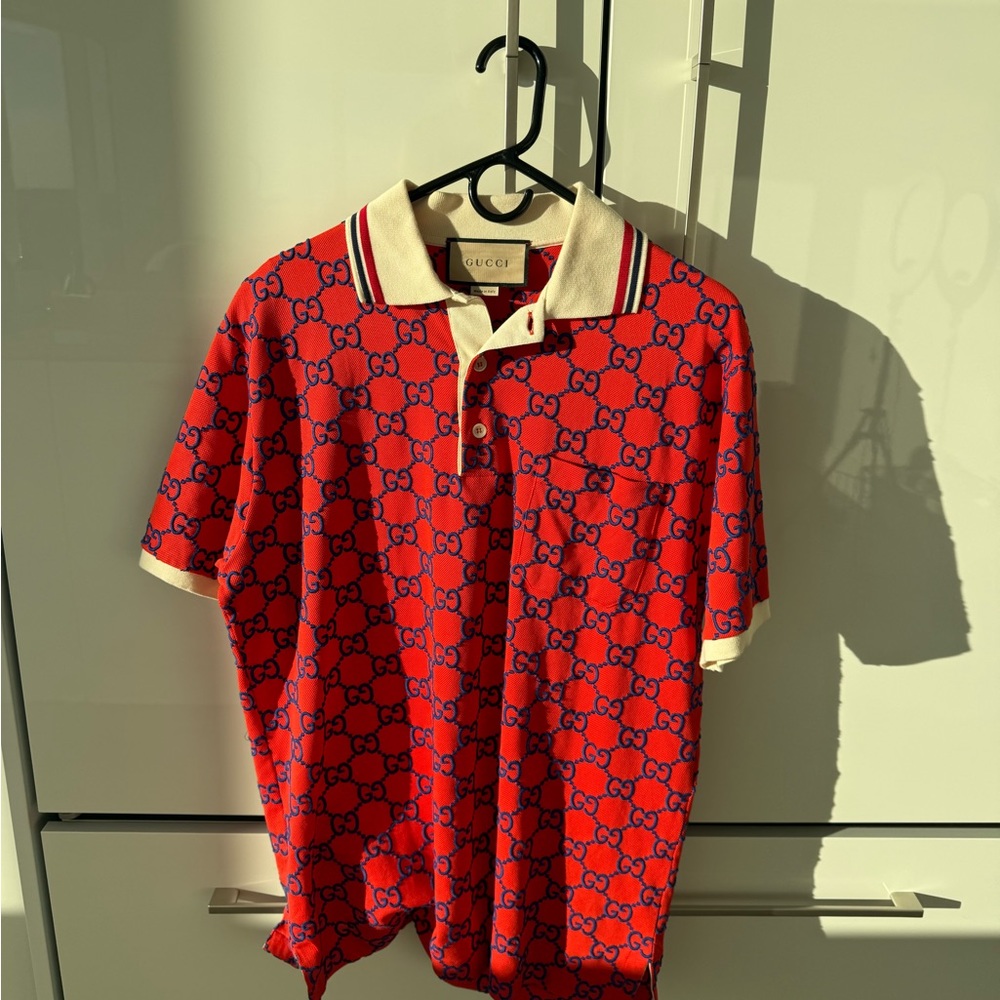 Gucci Red Polo with Cream Collar and Black Pattern
